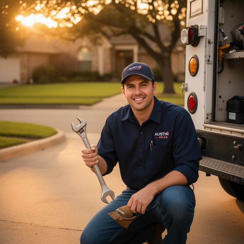 A plumber kneeling beside a service truck at golden hour in an Austin residential street