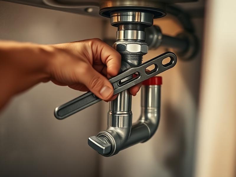 Pipe wrench gripping a P-trap drain under a sink