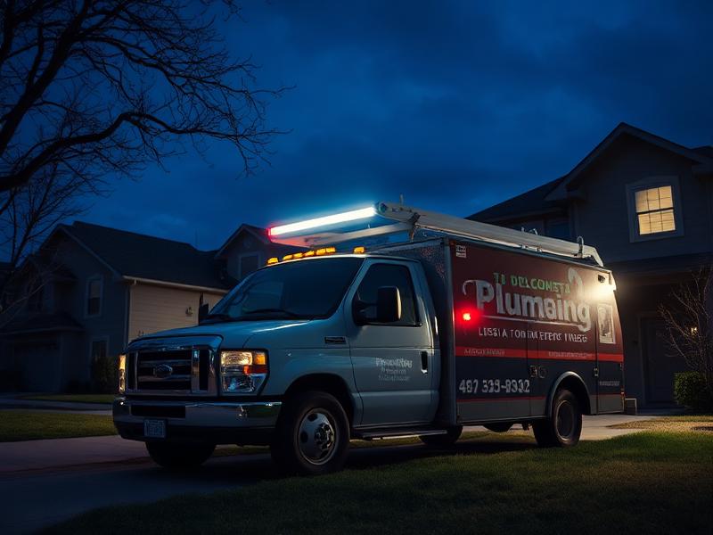 Plumbing truck with bright work lights at night signaling 24-hour emergency service
